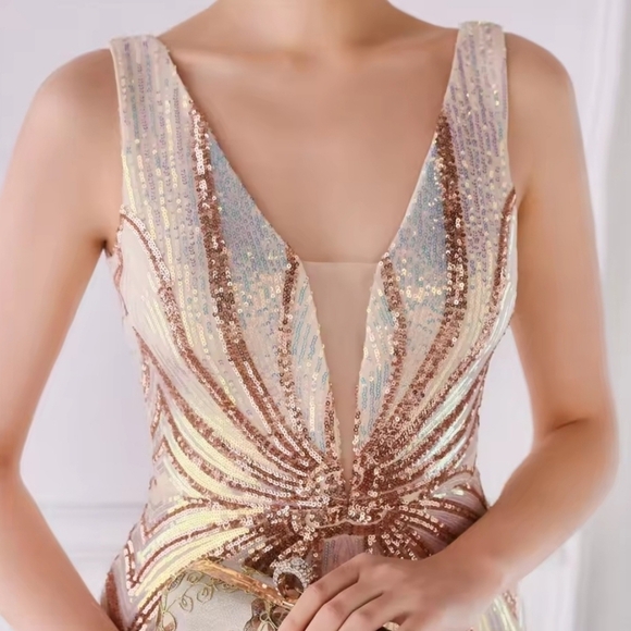 Champagne and Gold,  V Neck,  Striped,  Contrast Sequined Mermaid Gown - Picture 5 of 13